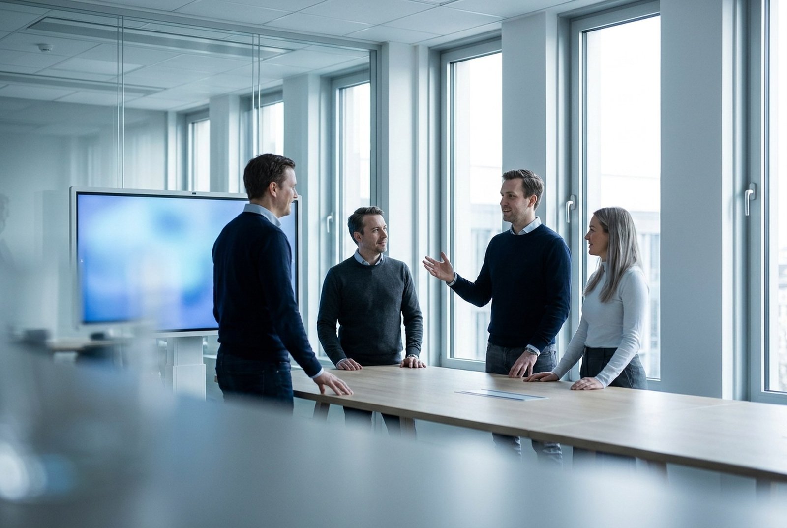 Colleagues in conversation in a modern meeting room