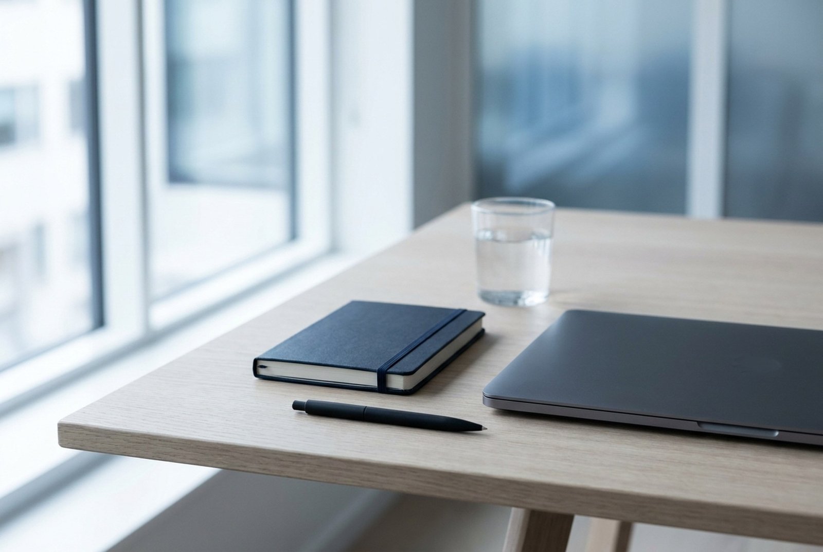 A quiet desk with a notebook and laptop